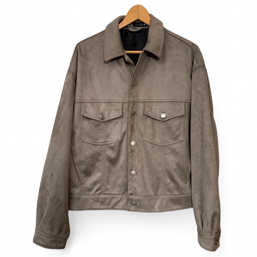 Nice Men's Zara Taupe Soft Faux Suede Boxy Trucker Jacket L Snap Button Casual